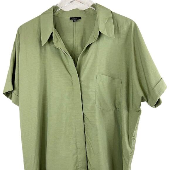 Ann Taylor Factory Olive Green Short Wide Sleeve V-Neck Boxy Button Down Size L - Picture 1 of 5